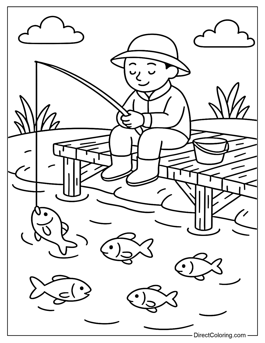 A coloring page of people fishing on an old bridge, with a school of fish swimming below.